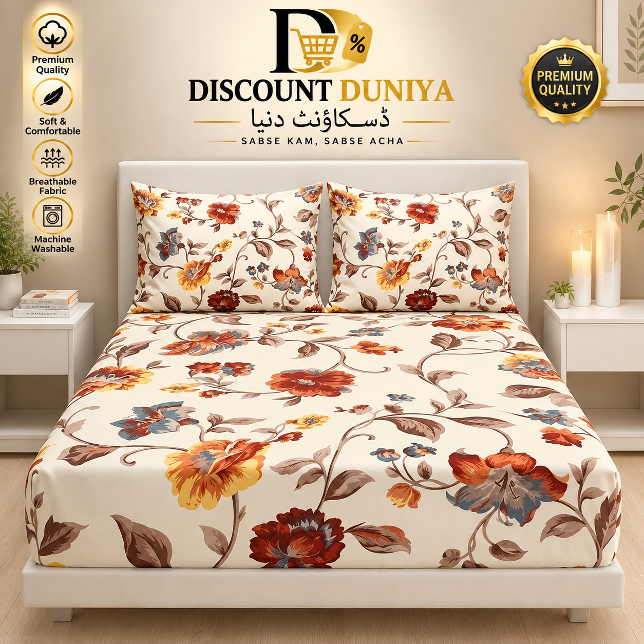 3 Pcs Printed Fitted Bedsheet | King Size | 2 Pillow Covers Article 9