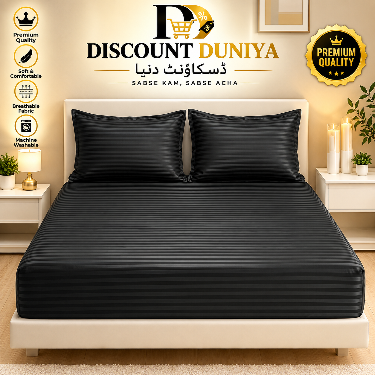 3 Pcs Printed Fitted Bedsheet | King Size | 2 Pillow Covers Article 14