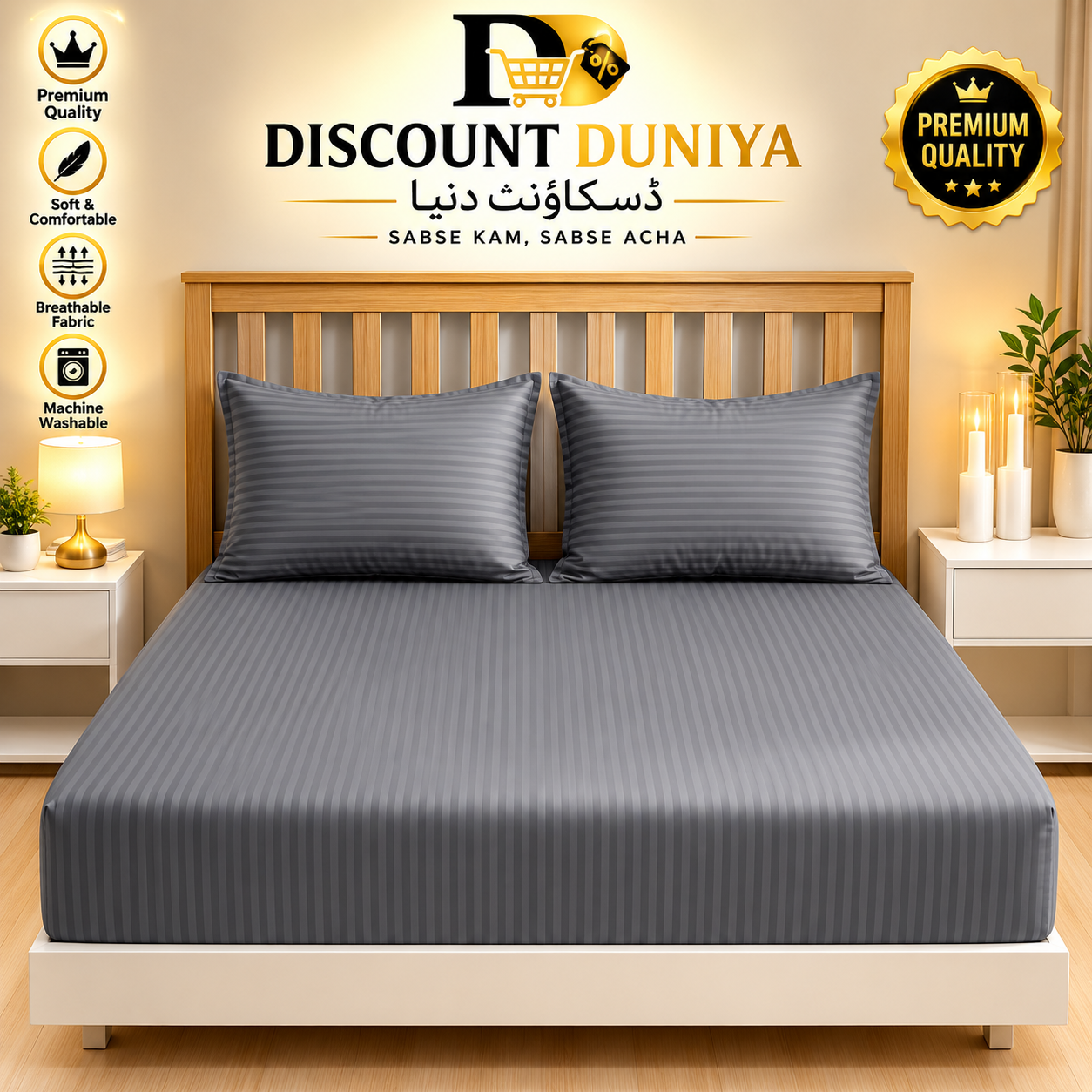 3 Pcs Printed Fitted Bedsheet | King Size | 2 Pillow Covers Article 13