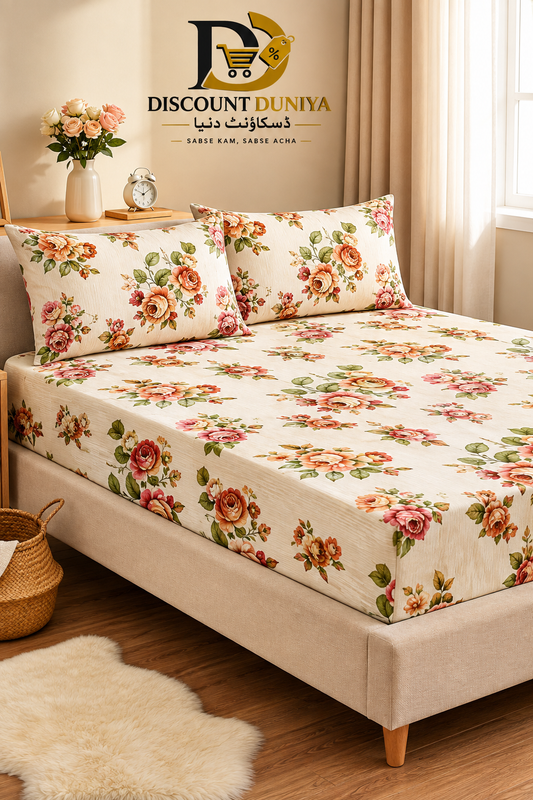 3 Pcs Printed Fitted Bedsheet | King Size | 2 Pillow Covers Article 1