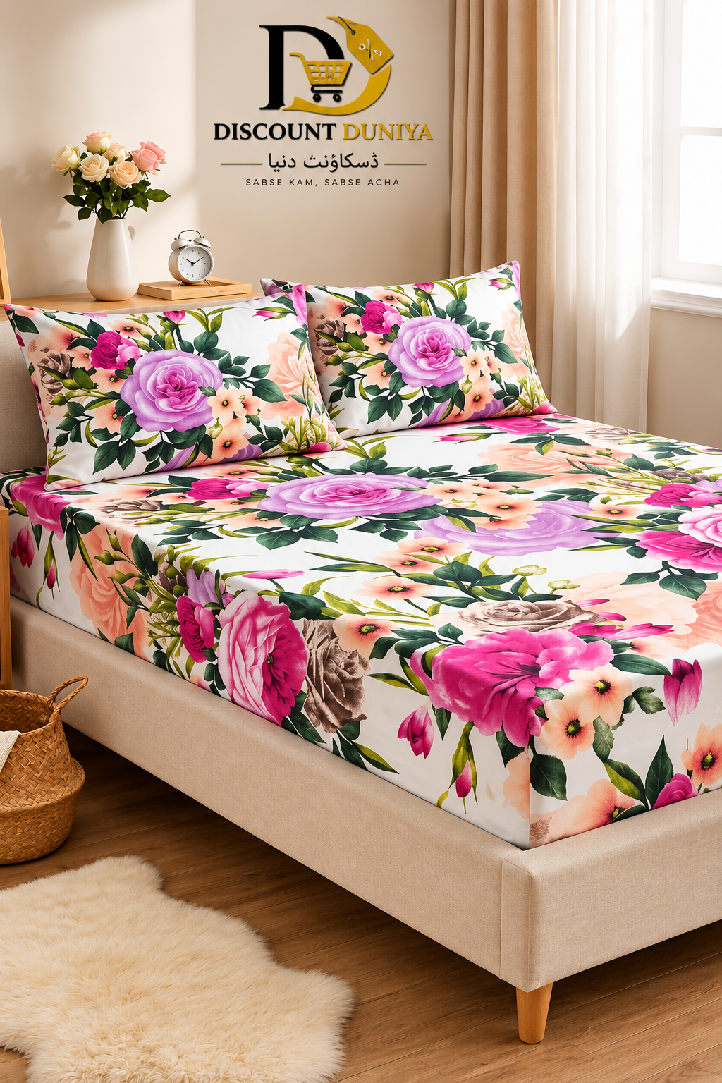 3 Pcs Printed Fitted Bedsheet | King Size | 2 Pillow Covers Article 6