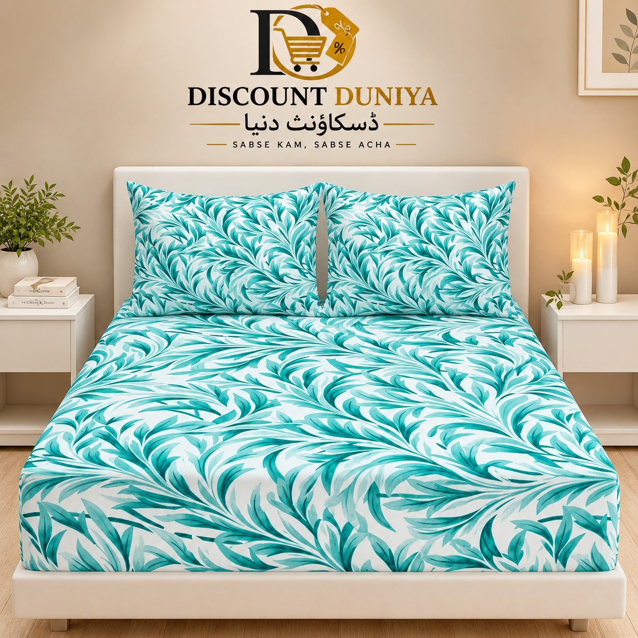 3 Pcs Printed Fitted Bedsheet | King Size | 2 Pillow Covers Article 2