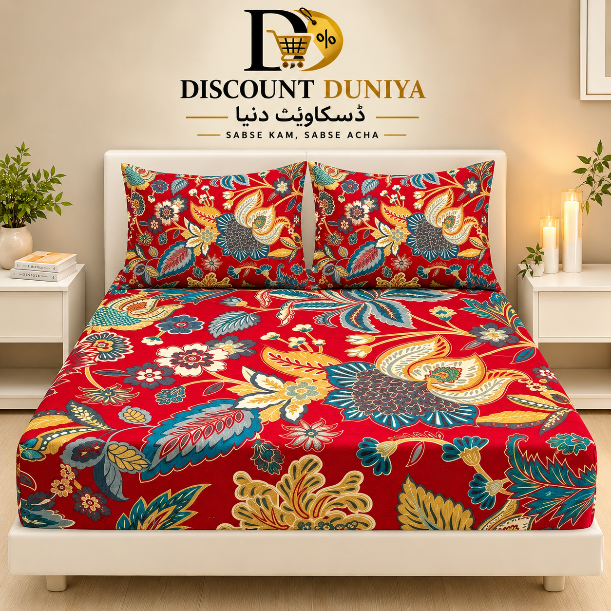 3 Pcs Printed Fitted Bedsheet | King Size | 2 Pillow Covers Article 8
