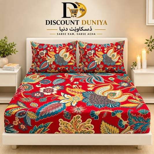 3 Pcs Printed Fitted Bedsheet | King Size | 2 Pillow Covers Article 8