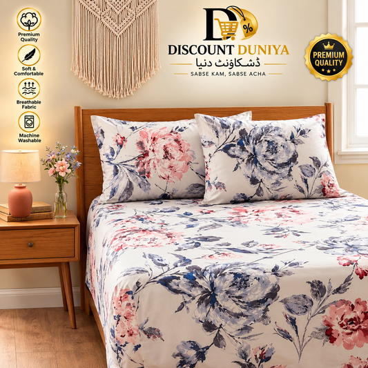 3 Pcs Printed Fitted Bedsheet | King Size | 2 Pillow Covers Article 11