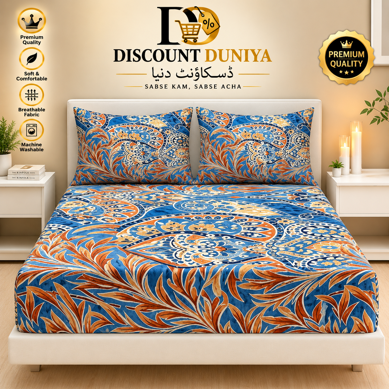 3 Pcs Printed Fitted Bedsheet | King Size | 2 Pillow Covers Article 4