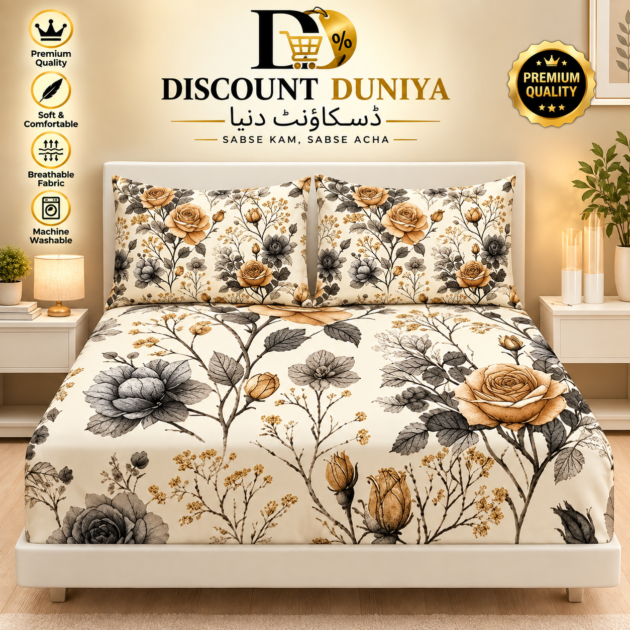 3 Pcs Printed Fitted Bedsheet | King Size | 2 Pillow Covers Article 10