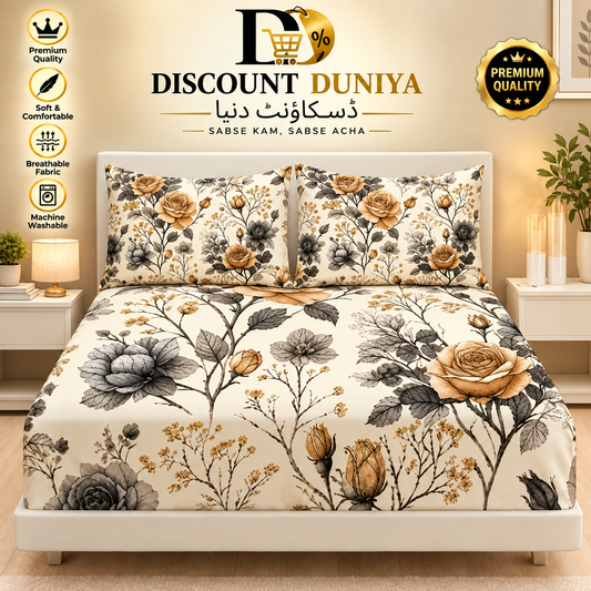 3 Pcs Printed Fitted Bedsheet | King Size | 2 Pillow Covers Article 10
