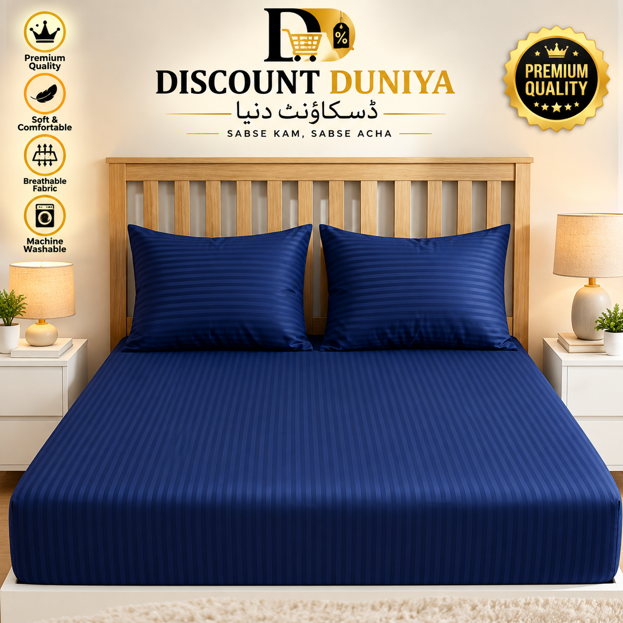 3 Pcs Printed Fitted Bedsheet | King Size | 2 Pillow Covers Article 12