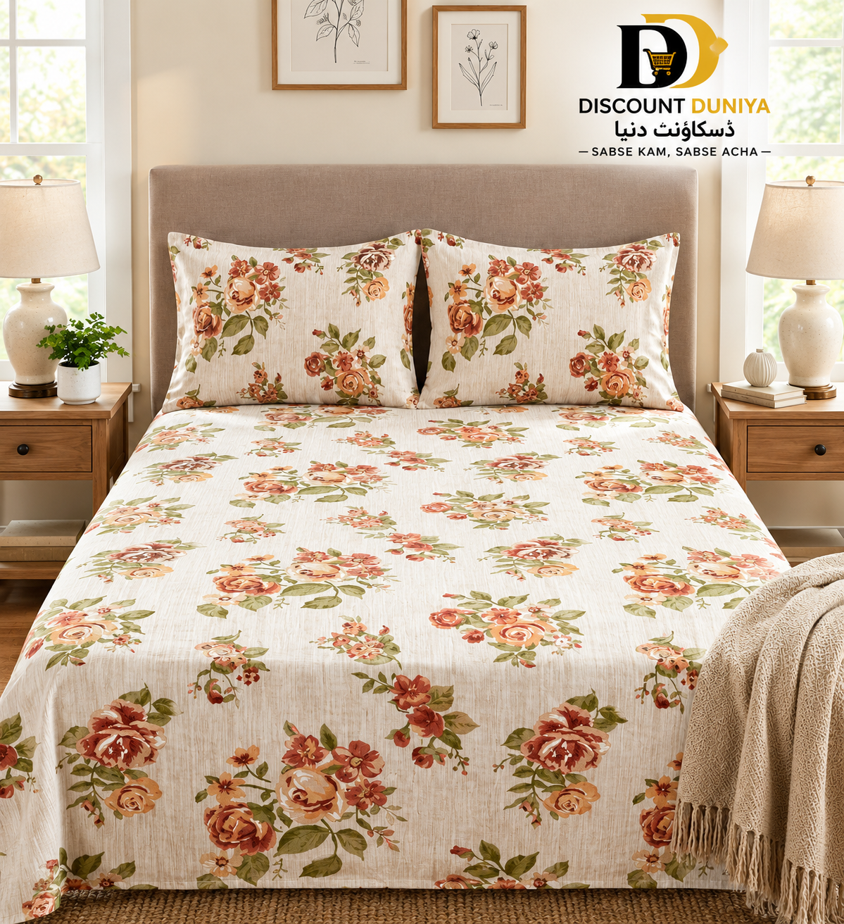Premium Flat Printed 3-Piece Bedsheet – King Size | Bedsheet + 2 Pillow Covers Article 04