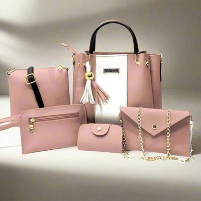 5 Pcs Women's PU Leather Plain Hand Bag Set - Image 3