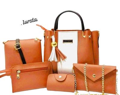 5 Pcs Women's PU Leather Plain Hand Bag Set - Image 2