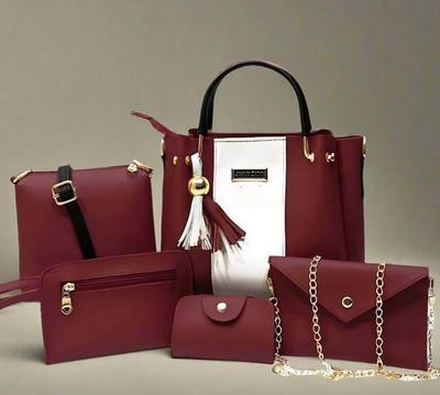 5 Pcs Women's PU Leather Plain Hand Bag Set - Image 4