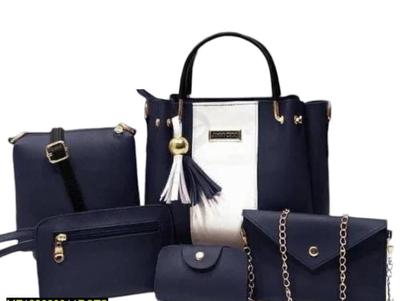 5 Pcs Women's PU Leather Plain Hand Bag Set - Image 5