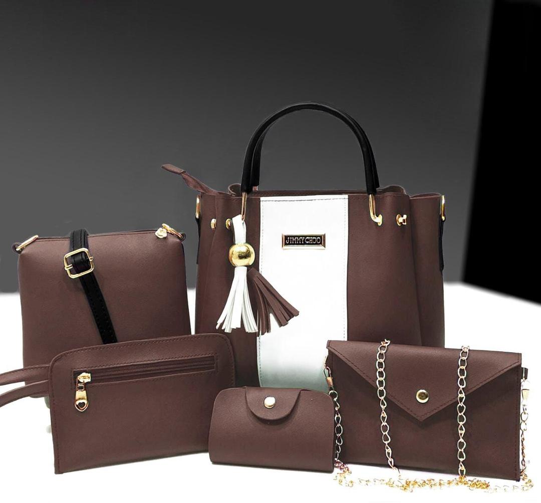 5 Pcs Women's PU Leather Plain Hand Bag Set - Image 6